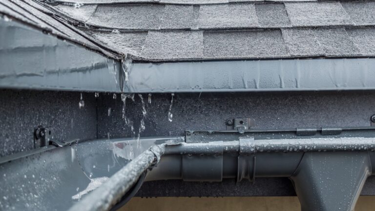 rain falling into the drainage system on the roof of the house.